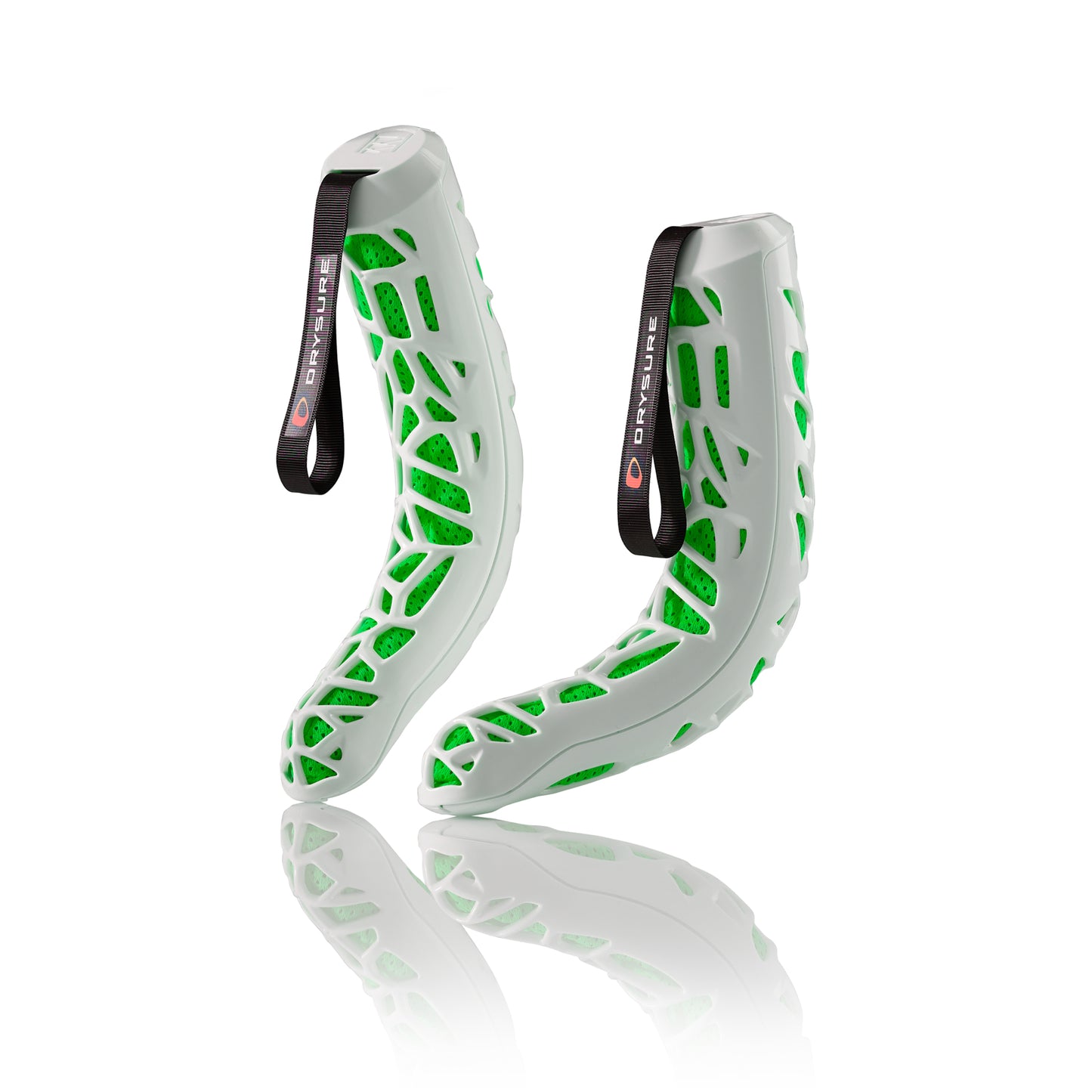 Green and White Drysure Extreme boot dryers on a white background.