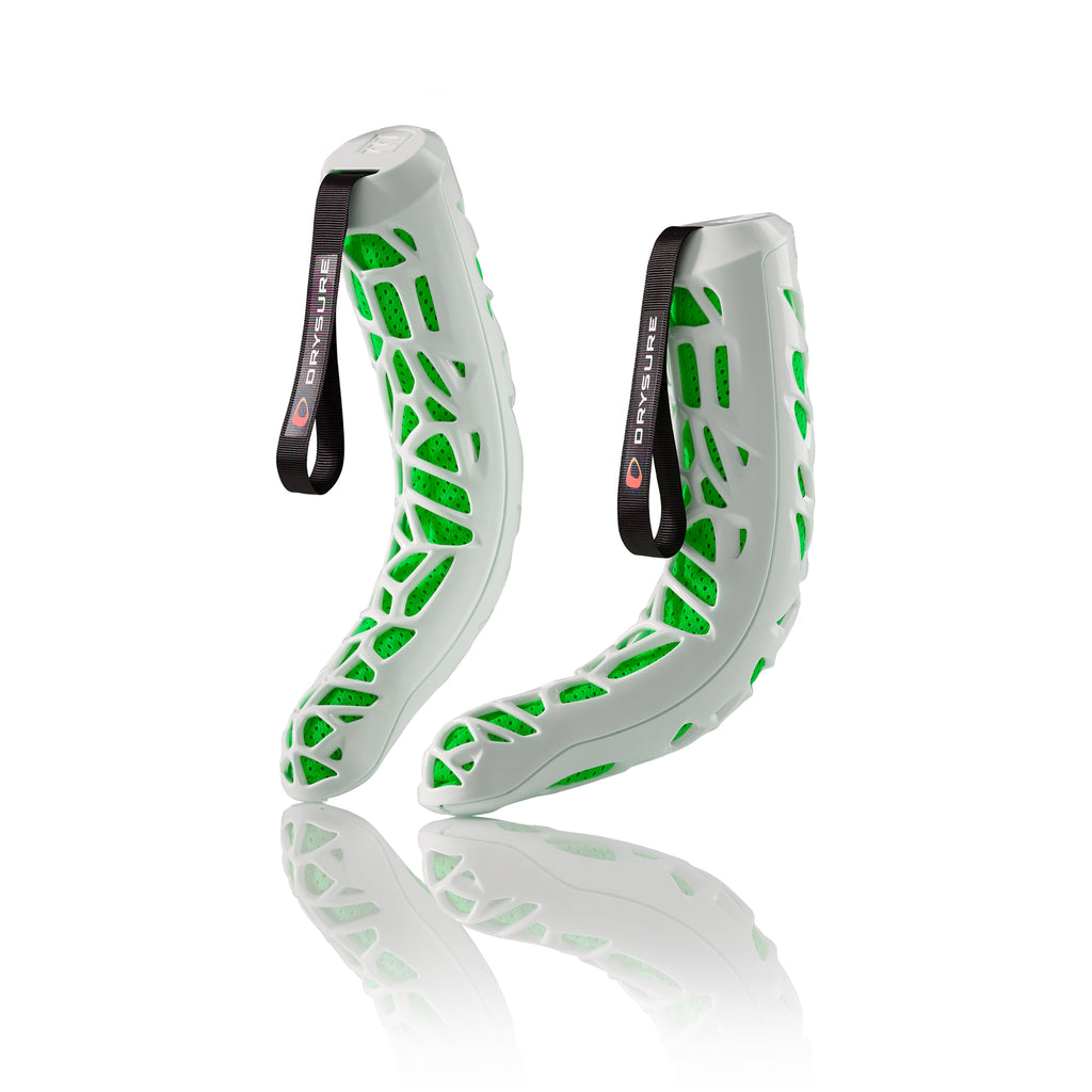 Green and White Drysure Extreme boot dryers on a white background.