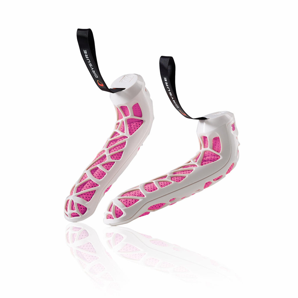 Pink and White Drysure Active shoe dryers on a white background.