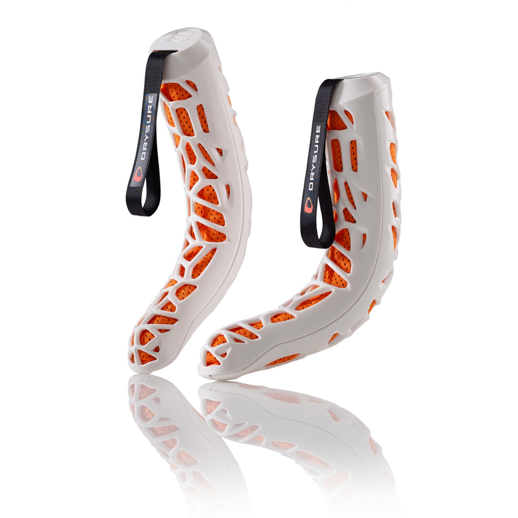 Orange and White Drysure Extreme boot dryers on a white background.