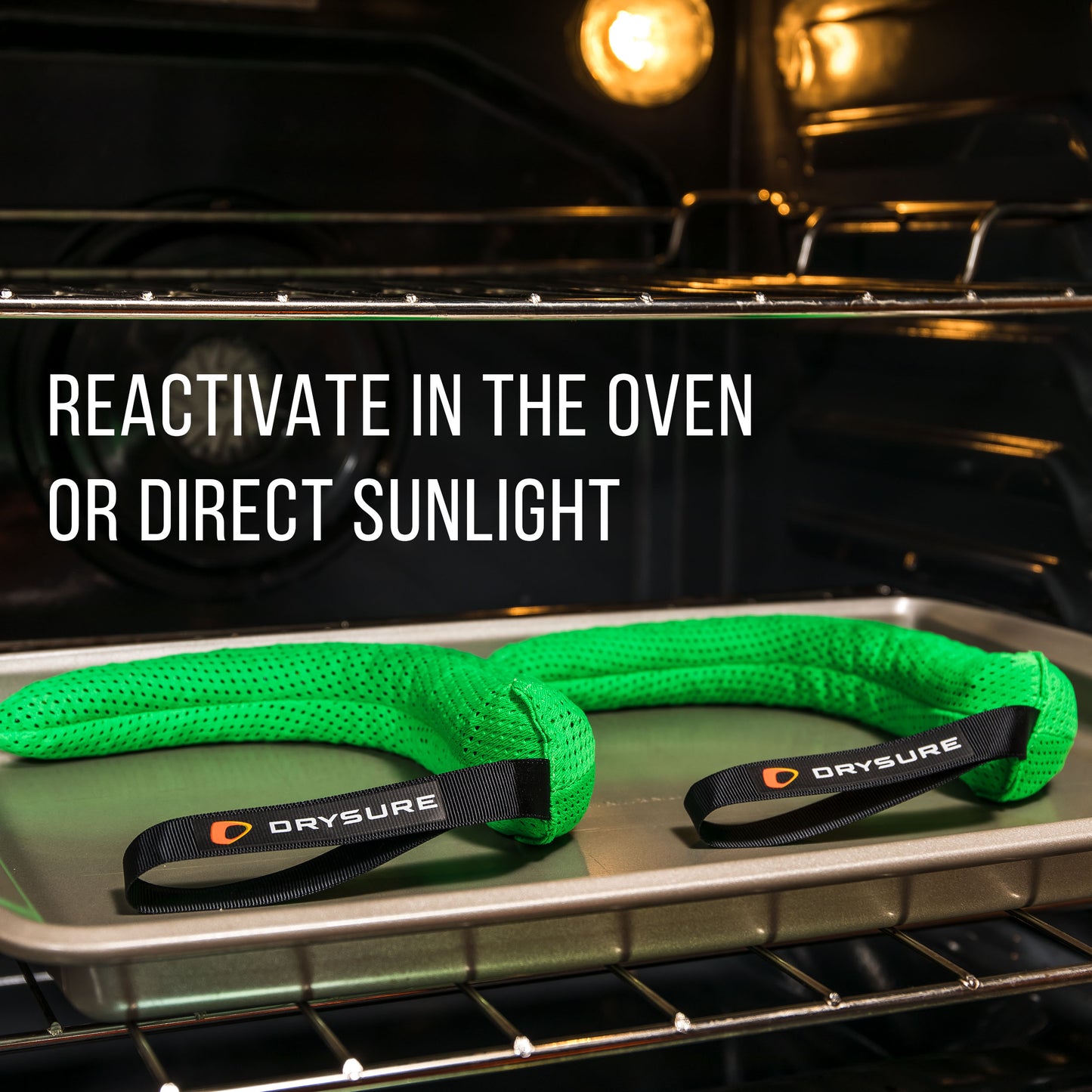 Green DRYSURE Extreme insert product on a metal tray inside an oven with text about reactivation.
