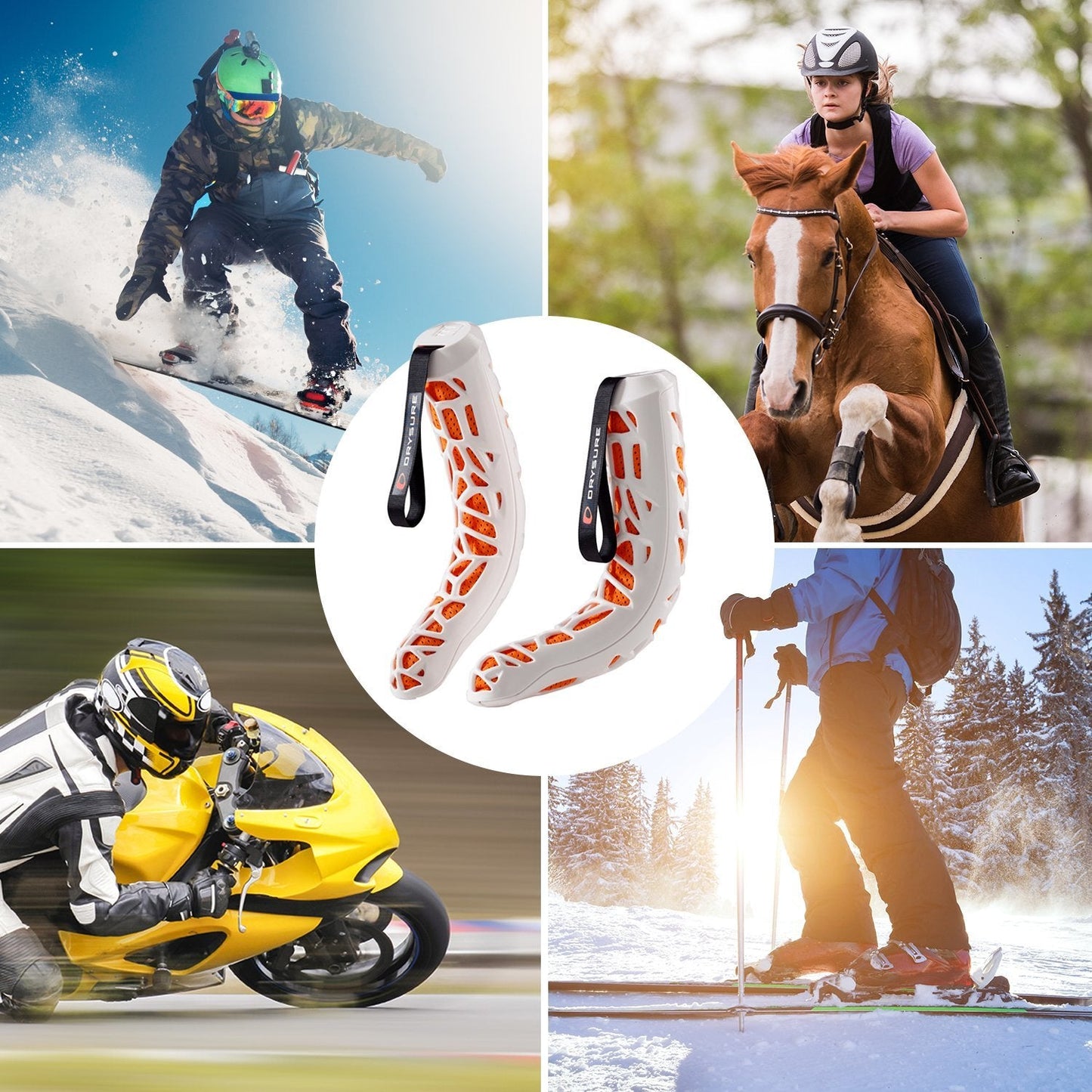 Collage of people engaging in snowboarding, skiing, horseback riding and motorcycle racing with a close-up of white and orange drysure extreme boot dryers