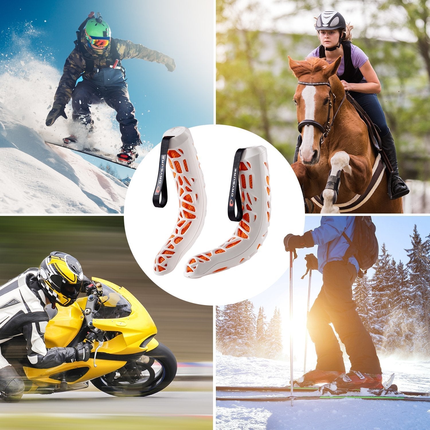 Collage of people engaging in snowboarding, skiing, horseback riding and motorcycle racing with a close-up of white and orange drysure extreme boot dryers