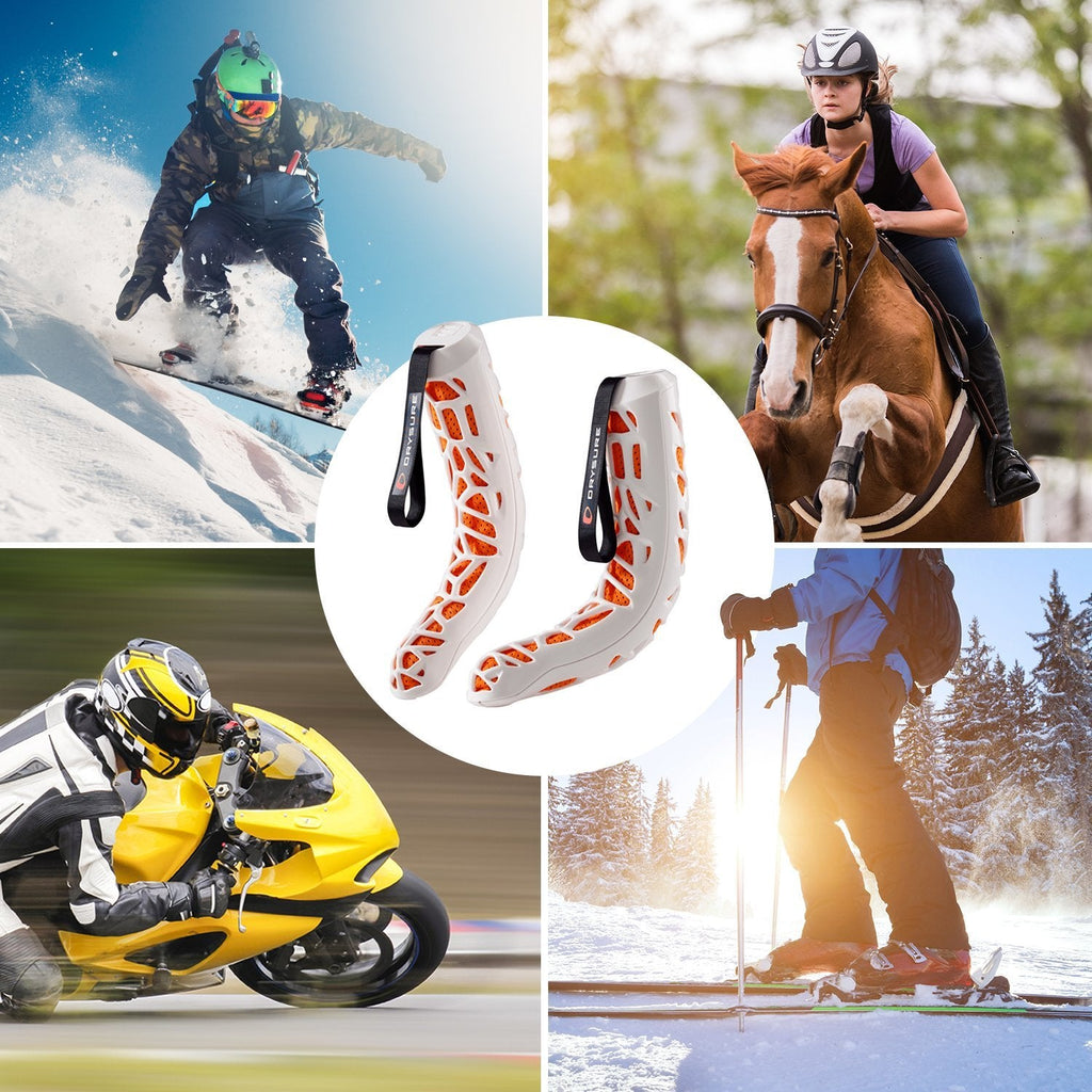 Collage of people engaging in snowboarding, skiing, horseback riding and motorcycle racing with a close-up of white and orange drysure extreme boot dryers